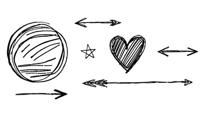 hand drawn illustration featuring circle, star, and heart, with arrows pointing in various directions, conveying sense of movement and connection