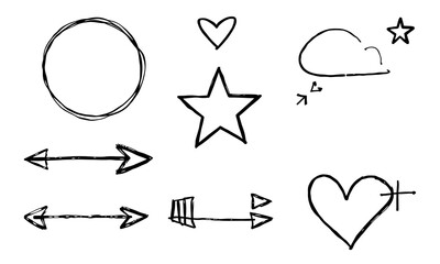 collection of hand drawn doodles featuring various shapes including circle, star, heart, cloud, and arrows, conveying playful and creative vibe