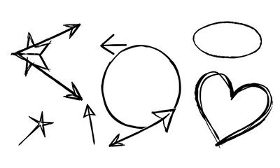 collection of hand drawn doodles featuring arrows, circle, and heart, conveying playful and creative vibe. designs are simple yet expressive, perfect for various artistic projects