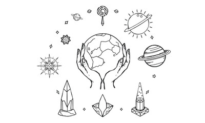 detailed illustration featuring hands holding globe surrounded by celestial elements like planets, stars, and crystals, evoking sense of wonder and connection to universe