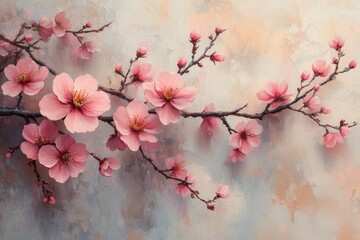 Delicate Cherry Blossoms Watercolor Painting Soft Pastel Floral Branches Scattered Petals Minimalist Tranquil Spring Nature