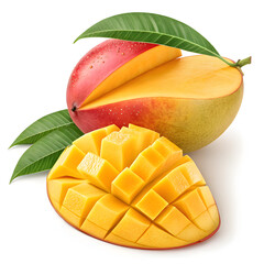 Ripe Mango with Leaf and Sliced Cubes on White Background – Fresh Tropical Fruit