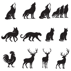 Animal Silhouettes Vector Set – Wolves, Cats, Deer, Rooster, Panther in Black Silhouette Style