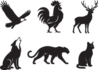 Wild Animal Silhouette Vector Set &ndash; Eagle, Rooster, Deer, Wolf, Panther, and Cat Icons for Nature and Wildlife Design