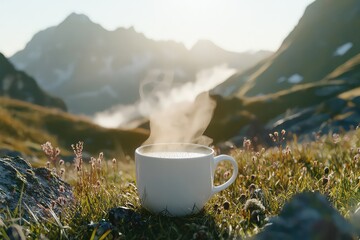 Close-up of a steaming coffee cup on mountain grass at sunrise. Calm and scenic atmosphere with warm light and natural tones. High-resolution and perfect for editorial. AI generated image.