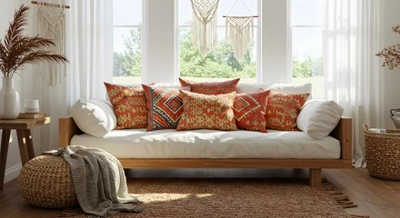 Photo sur Plexiglas Bohemian Chic Living Room with Ethnic Pillows, Wooden Sofa and Natural Decor