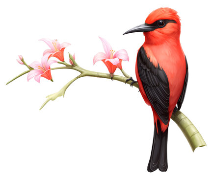 Vivid Illustration of a Scarlet Honeycreeper Perched Amidst Delicate Pink Lily Blooms, Showcasing Nature's Beauty and Harmony in Exquisite Detail