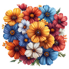 Mixed bouquet of colorful flowers in various shades isolated on transparent background 