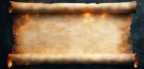 Aged vintage parchment scroll with burnt edges in horizontal position old paper manuscript ancient historic document medieval style