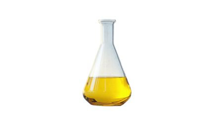 Laboratory flask contains yellow liquid with frothy surface. transparent background