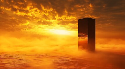 Dark Monolith in Fiery Sunset Sky
