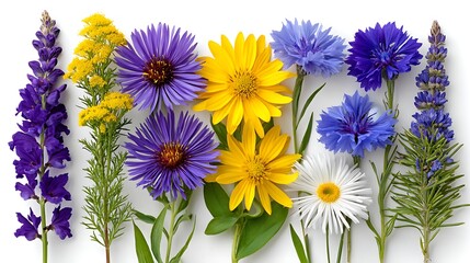 Vibrant Collection of Assorted Summer Flowers Purple Yellow and Blue Blooms on White Background