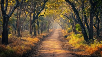 Sunlit Path Through Golden Forest