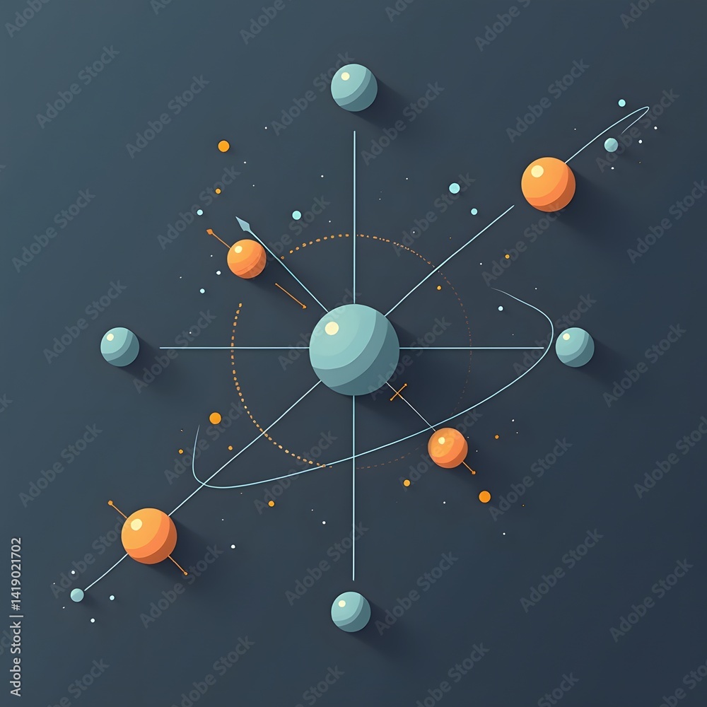 Poster colorful abstract representation of planets and orbits in a dark cosmic background