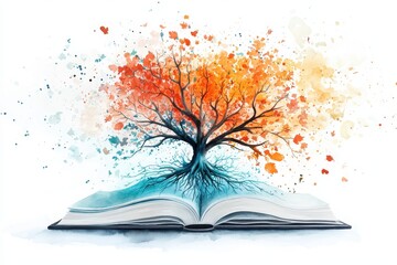 A colorful tree emerges from an open book, symbolizing knowledge and nature's beauty through vibrant autumn leaves and artistic splashes.