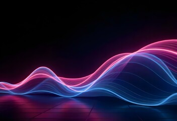 Fototapeta premium Abstract neon glowing waves in pink and blue colors, grid pattern, dark background, smooth surface with reflections,