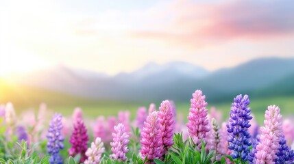 Fototapeta premium Lush wildflowers in a vibrant meadow, bathed in the soft light of a sunrise or sunset, against a backdrop of majestic mountains.