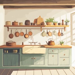 Sunlit rustic kitchen with copper pots, wooden shelves, and farmhouse sink.