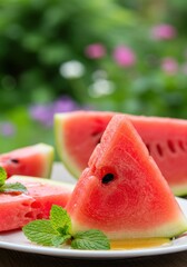 Juicy Watermelon Slices with Mint and Honey on a Plate
