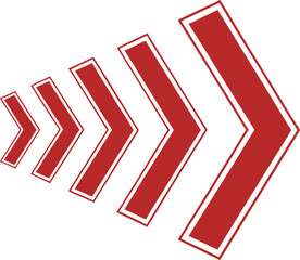 Fototapeta premium A series of five red right-pointing arrows, arranged in a diagonal line, each increasingly larger than the previous one. 