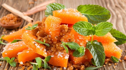 Delicious candied pumpkin dessert garnished with fresh mint leaves