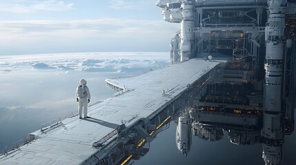 A lone astronaut stands on the edge of a massive futuristic space station gazing out into the boundless expanse of the universe  The figure is dwarfed by the sheer scale of the orbital facility