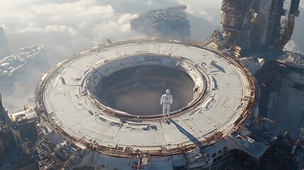 A lone astronaut standing at the edge of a massive futuristic space station gazing out at the vast awe inspiring expanse of the cosmos with a breathtaking panoramic view