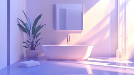Sunlit minimalist bathroom with freestanding tub, plant, and towel.