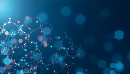 Abstract blue background with glowing hexagons and connecting lines, creating a futuristic and technological feel, with bokeh effects adding depth