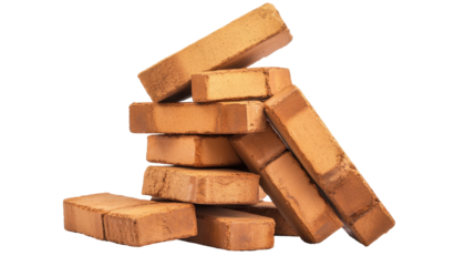 Close-up of stacked bricks with a warm orange hue. transparent background