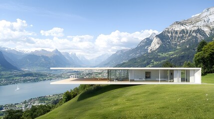 Breathtaking contemporary glass house design floating effortlessly above a stunning mountainous terrain showcasing a futuristic and visionary architectural concept