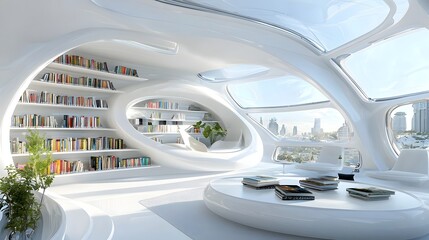 A captivating futuristic library scene featuring levitating books suspended in a weightless zero gravity environment  This cutting edge visionary concept showcases a high tech modern