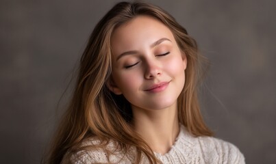 Naklejka premium Woman with closed eyes, serene expression, soft lighting
