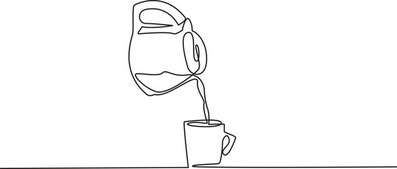 Continuous one line drawing of Coffee or tea pouring into the cup. Single line drawing illustration of pouring Coffee or tea. Coffee or tea concept vector Illustration.