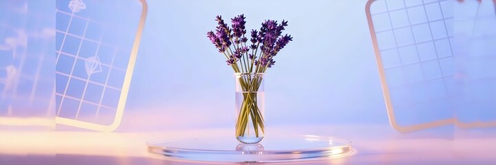 Narrow test tube vase with lavender stems on glossy white acrylic surface