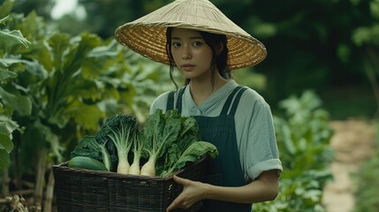 A person in an olive green shirt and dark overalls is carefully arranging freshly harvested vegetables in a wooden crate.