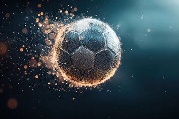Fototapeta premium A dynamic, abstract representation of a soccer ball surrounded by sparkling particles, conveying energy and motion.