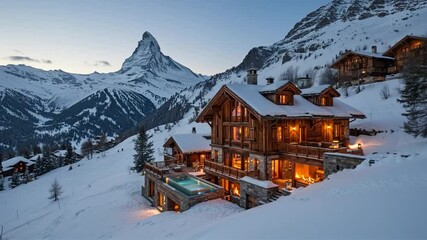 Stunning snow-covered chalet with mountain view and evening lights in a winter wonderland - Powered by Adobe