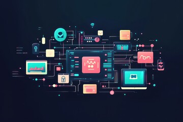 Futuristic technology network interface with interconnected devices and data streams.