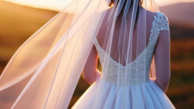 Bride in flowing veil at sunset for wedding design