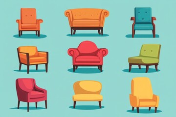 Colorful illustration of various armchairs and sofas.