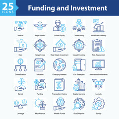Funding and Investment is a collection of icons in sheet format illustrating modern investment strategies, financial growth, and sustainable economic approaches.