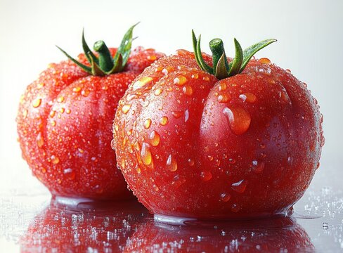 Two fresh red tomatoes with water droplets on white background