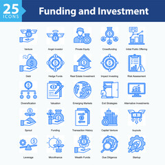 Fototapeta premium Funding and Investment is a collection of icons in sheet format illustrating modern investment strategies, financial growth, and sustainable economic approaches.