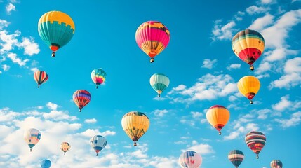 Obraz premium Colorful Hot Air Balloons Floating in Serene Blue Sky with Fluffy Clouds