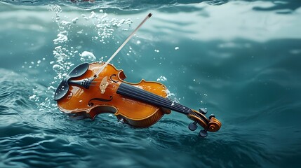 Breathtaking underwater performance of a violin with the musical notes and sound waves visible through the transparent fluid environment  A mesmerizing surreal and captivating display
