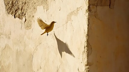 Enigmatic bird shadow cast on a giant wall creating an abstract and captivating silhouette shape that evokes a sense of mystery and minimalist elegance