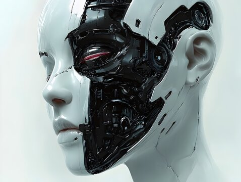 Futuristic Cyborg Face with Metallic Mechanical Detailing and Intelligence Design