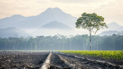 A serene landscape featuring a lone tree amidst cultivated fields, with mountains shrouded in mist in the background.