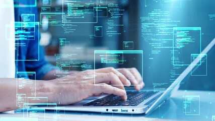 Close-up of hands typing on a laptop with holographic code and digital data interface overlays, symbolizing software development and coding. - Powered by Adobe